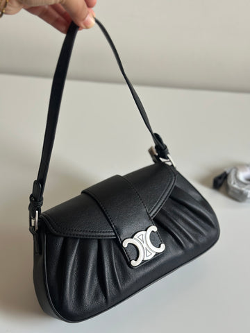 Classic Black Shoulder Bag with Silver Emblem – Elegant Evening Style