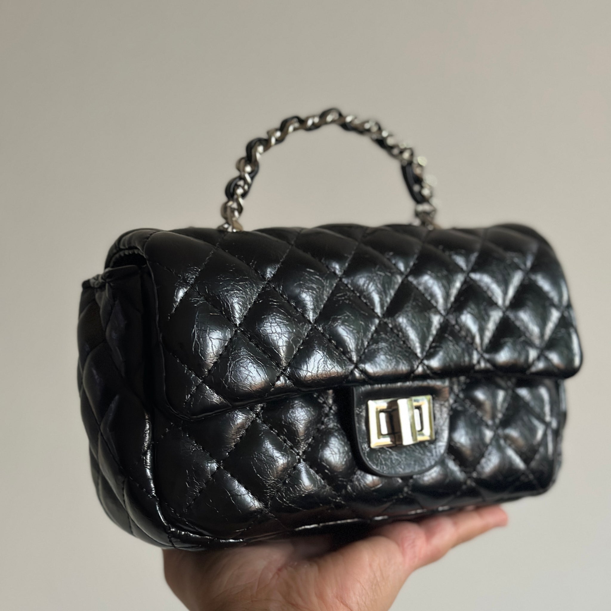 Quilted Black Mini Flap Bag with Chain Strap & Top Handle
