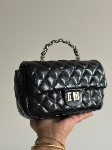 Quilted Black Mini Flap Bag with Chain Strap & Top Handle